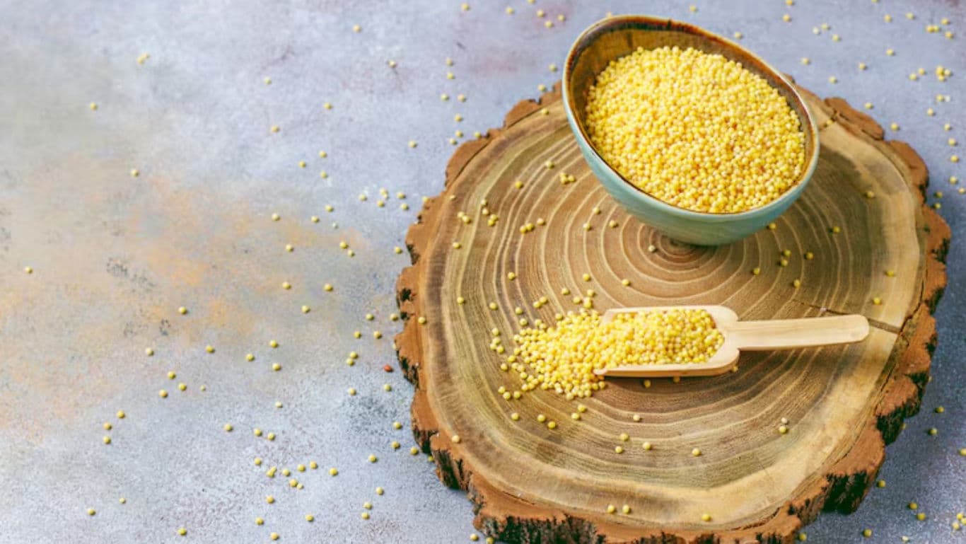 Raw Millet Grains in Bowl and Wooden Scoop