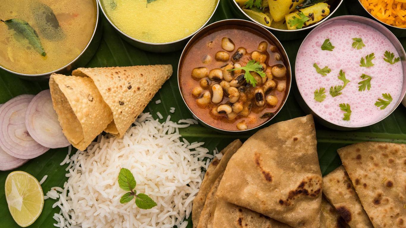 Traditional Indian meal with assorted dishes