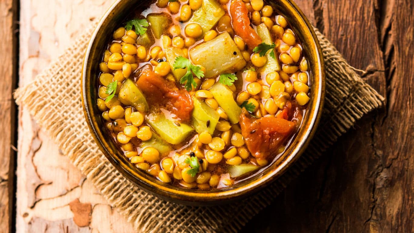 A bowl of lauki chana dal curry made with bottle gourd and chana dal
