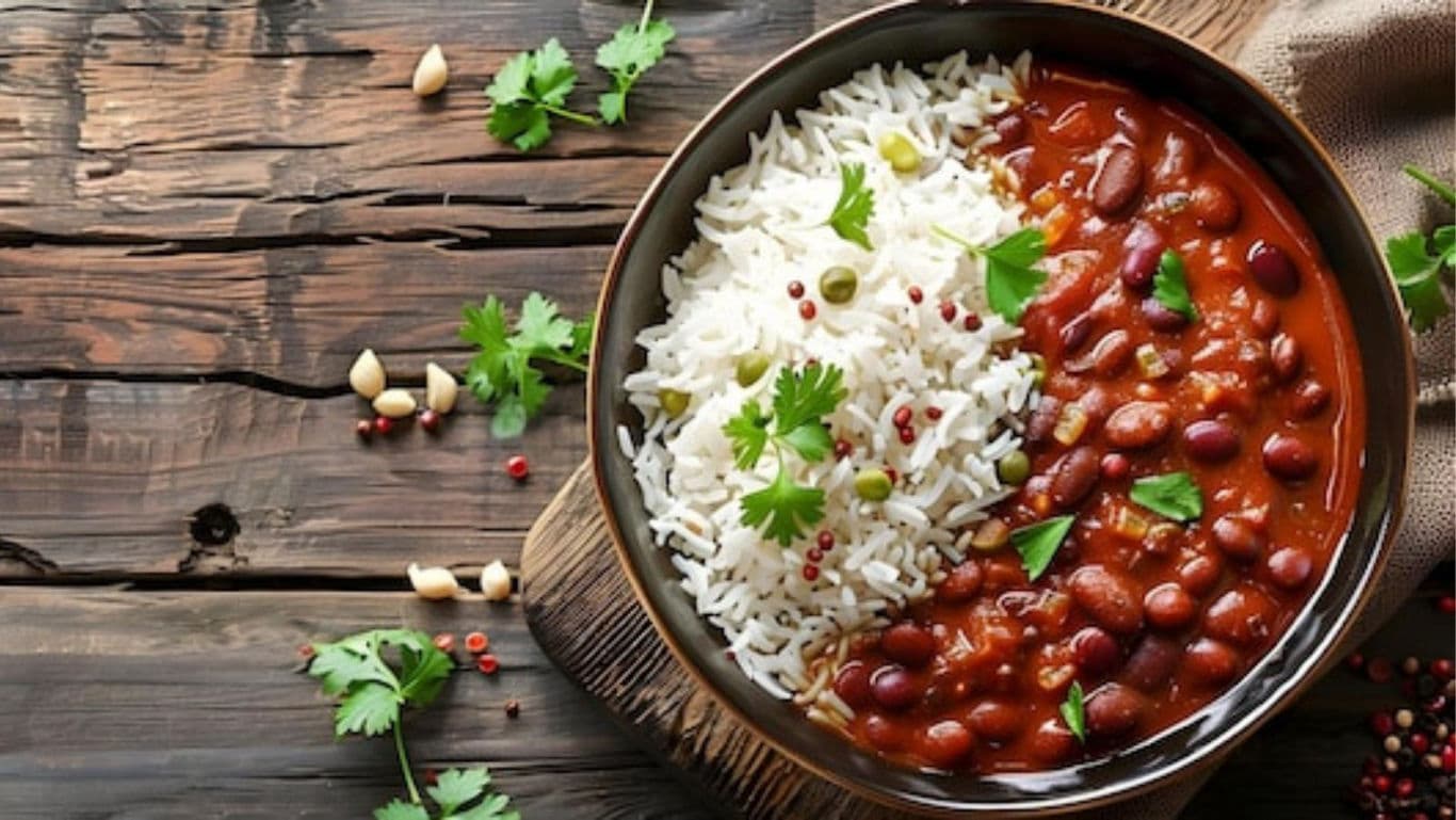 Rajma chawal in a bowl with cilantro