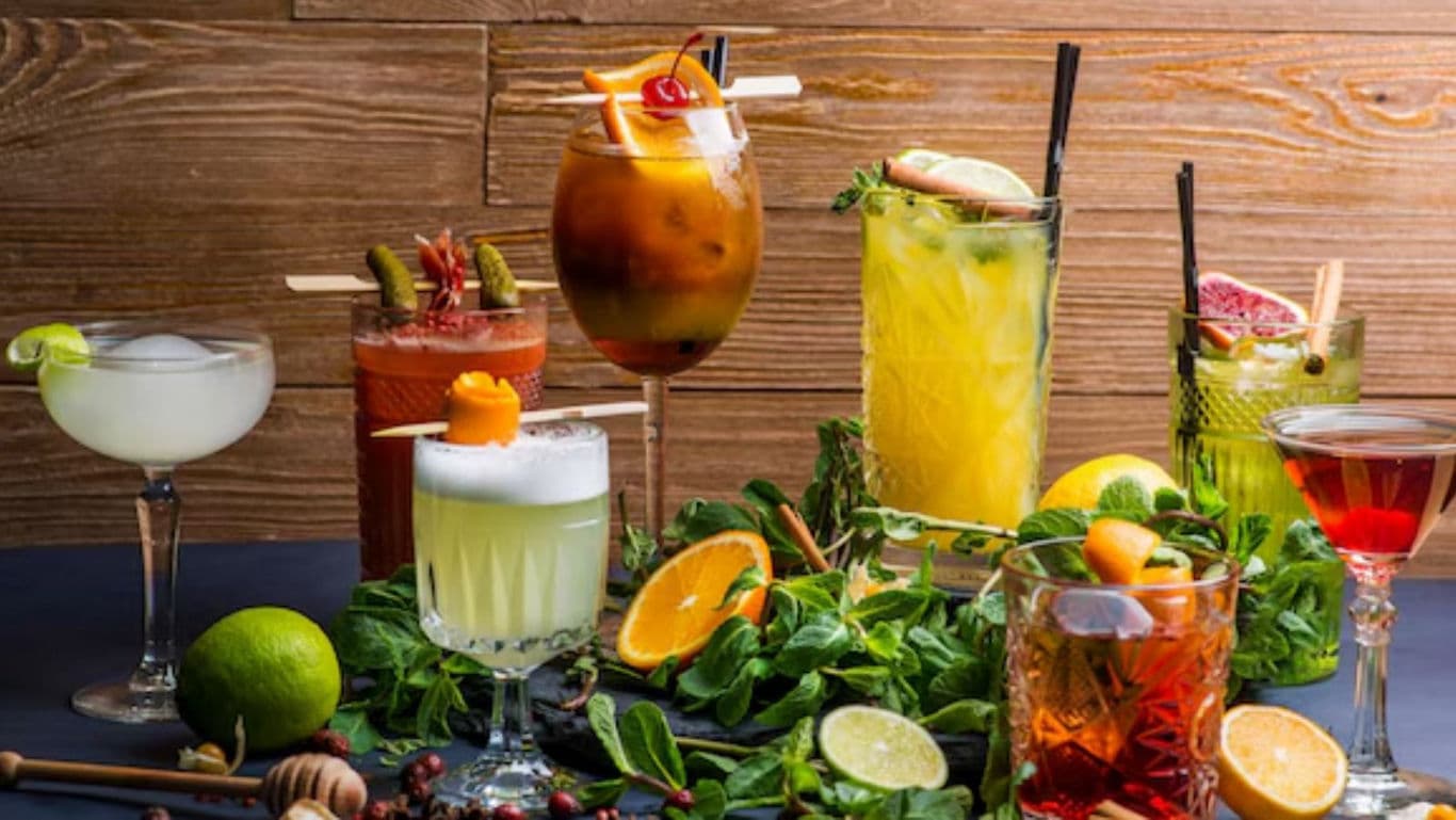 Assorted Colorful Cocktails with Fresh Garnishes