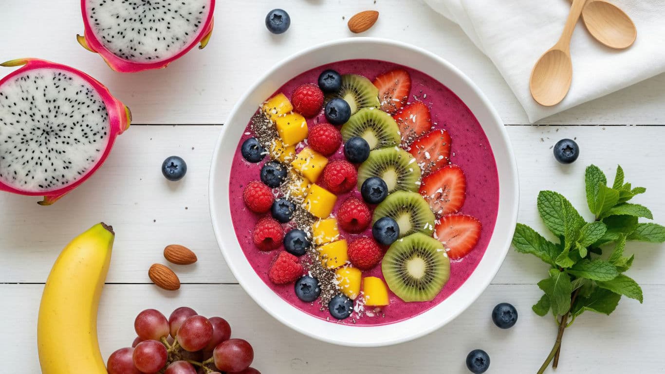 Colorful smoothie bowl with assorted fresh fruits
