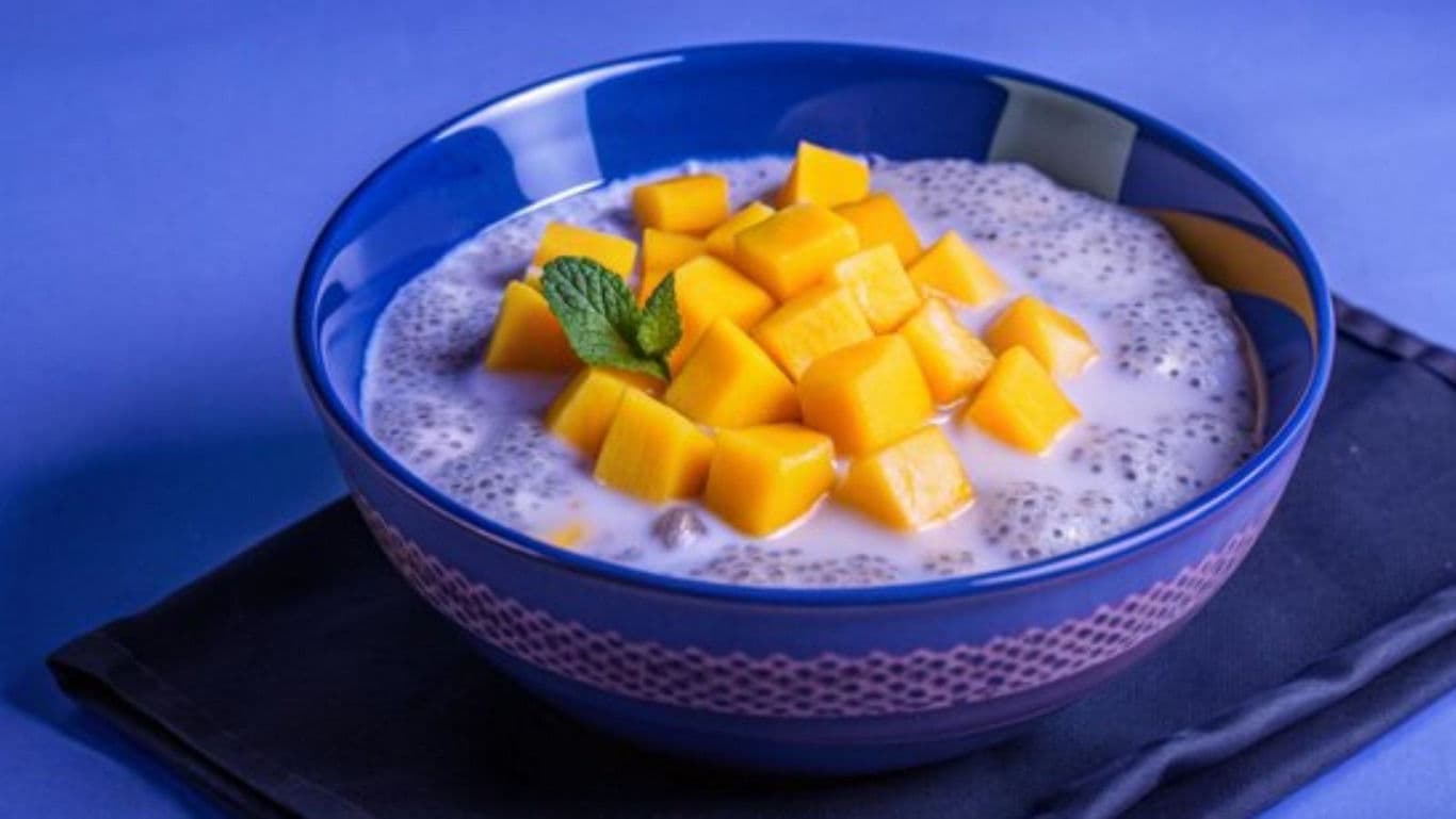 Chilled mango chia pudding dessert bowl