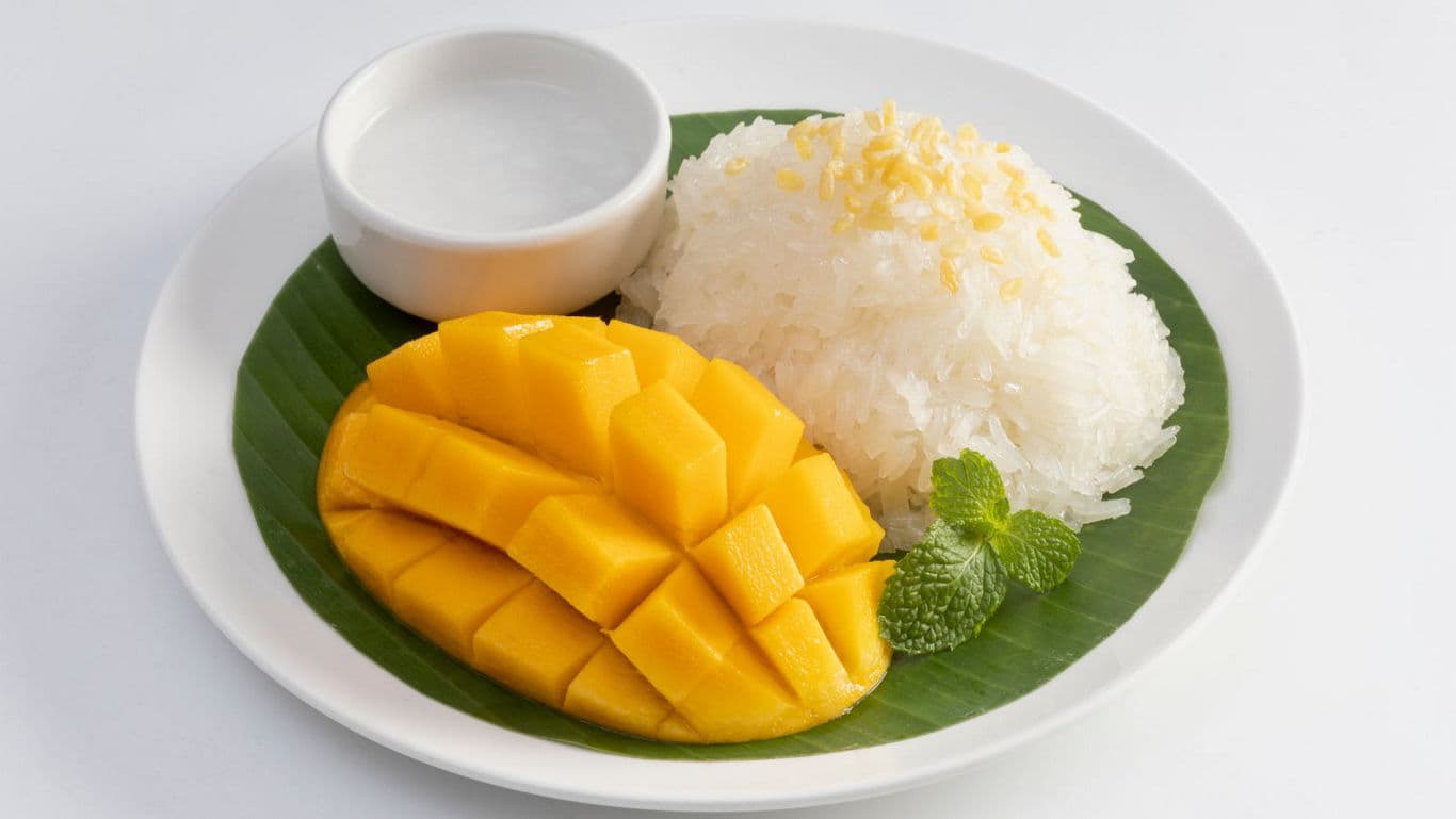 Traditional Thai mango sticky rice dessert on white plate