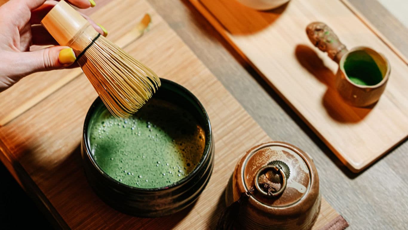 Traditional Matcha Preparation with Bamboo Whisk