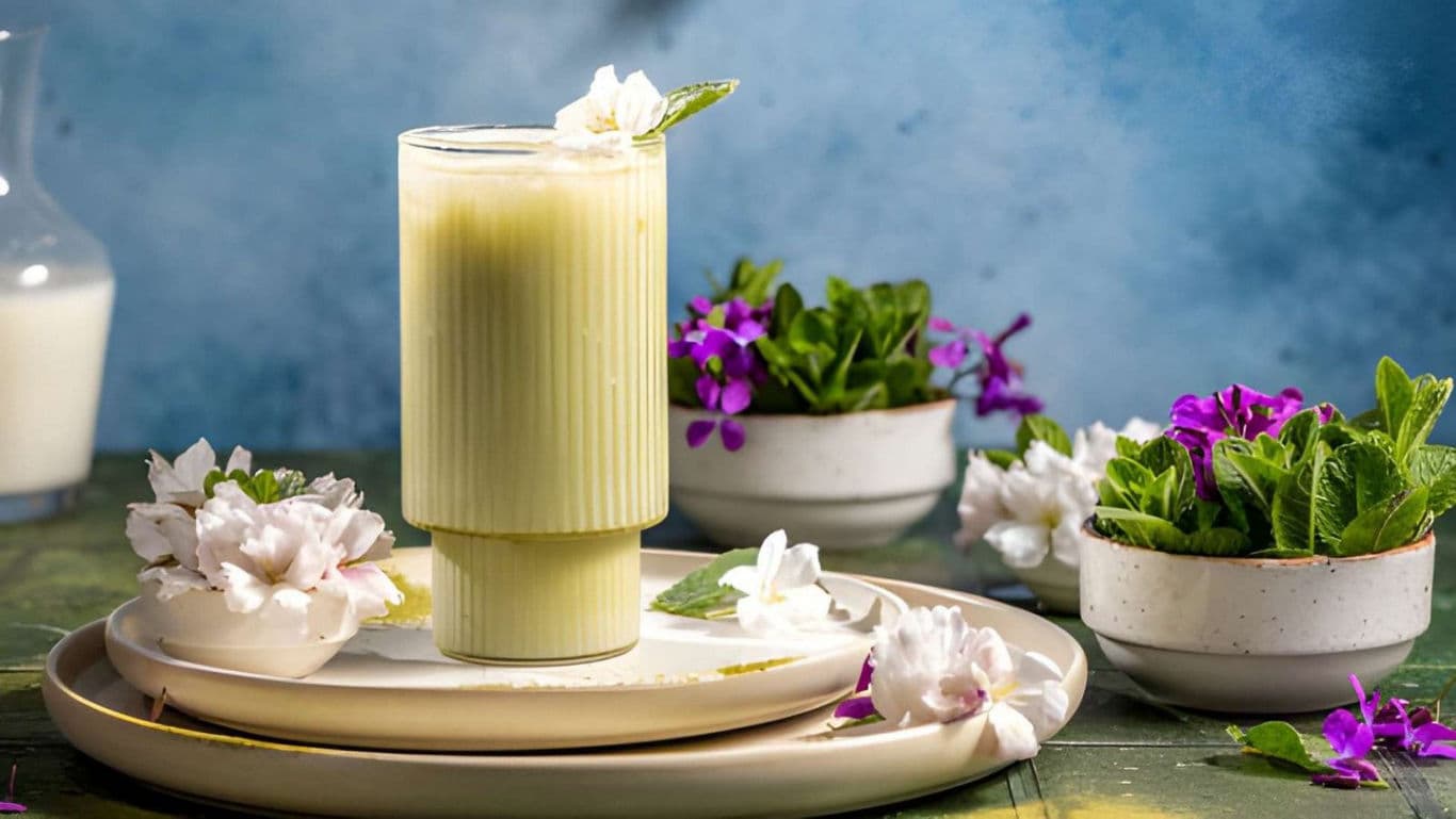 Iced Matcha Latte with Fresh Flowers and Herbs