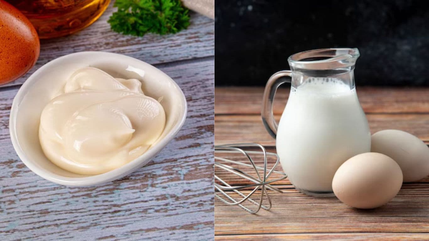 Mayonnaise in Bowl and Milk with Eggs on Table