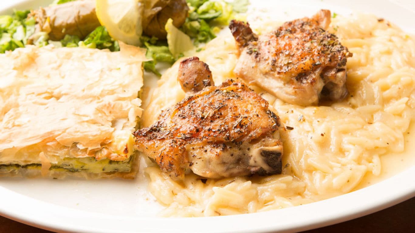Roasted chicken with creamy orzo and pie