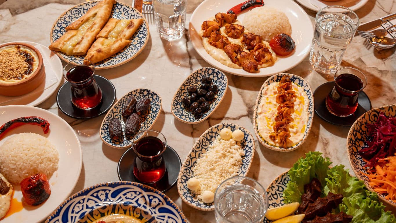 Traditional Middle Eastern feast with tea