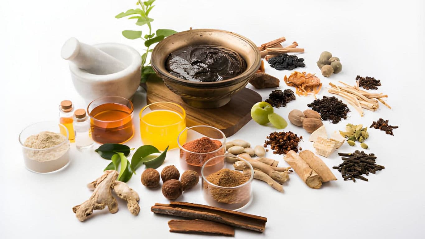 Selection of Indian herbs around chawanprash