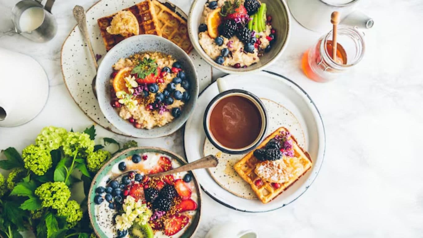 Healthy Breakfast Spread with Fruits and Waffles
