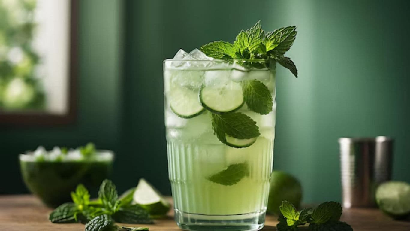 Iced Cucumber Mint Drink in Glass with Garnish