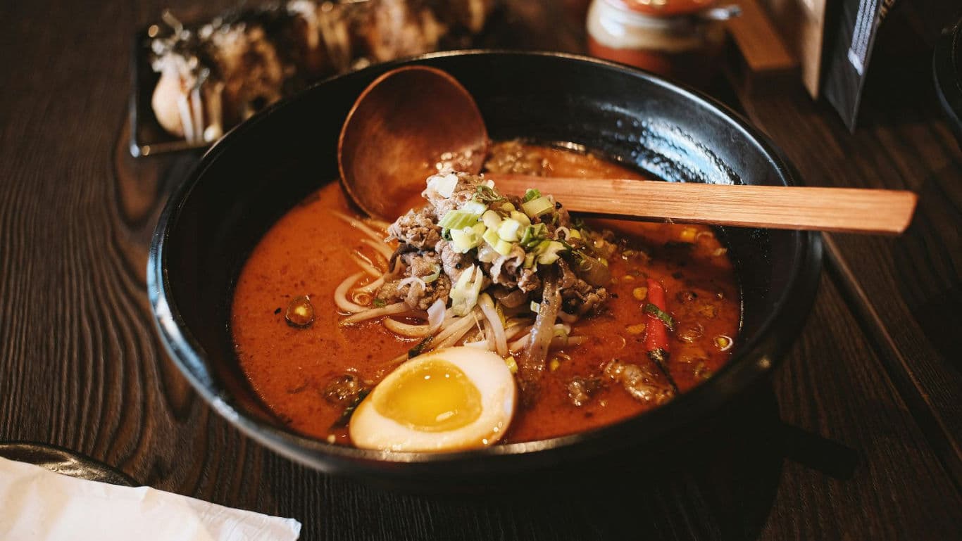 Bowl of ramen with egg and beef