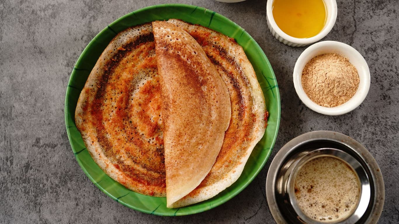 Crispy masala dosa with chutney and coffee