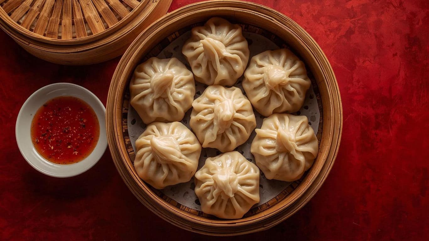 Steamed Dumplings in Bamboo Basket with Sauce