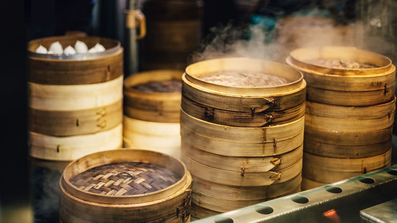 Steaming Bamboo Baskets in Kitchen Setting
