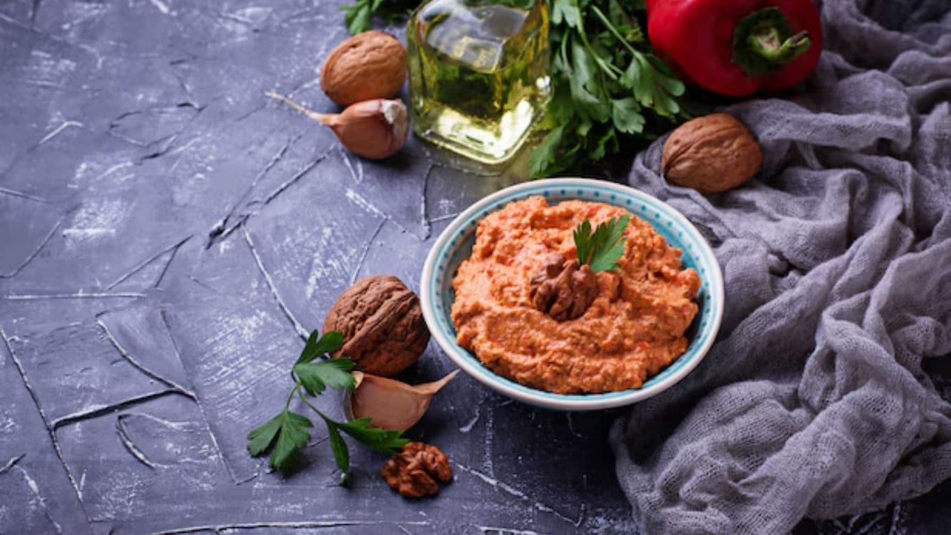 Red Pepper Walnut Dip with Fresh Herbs and Oil