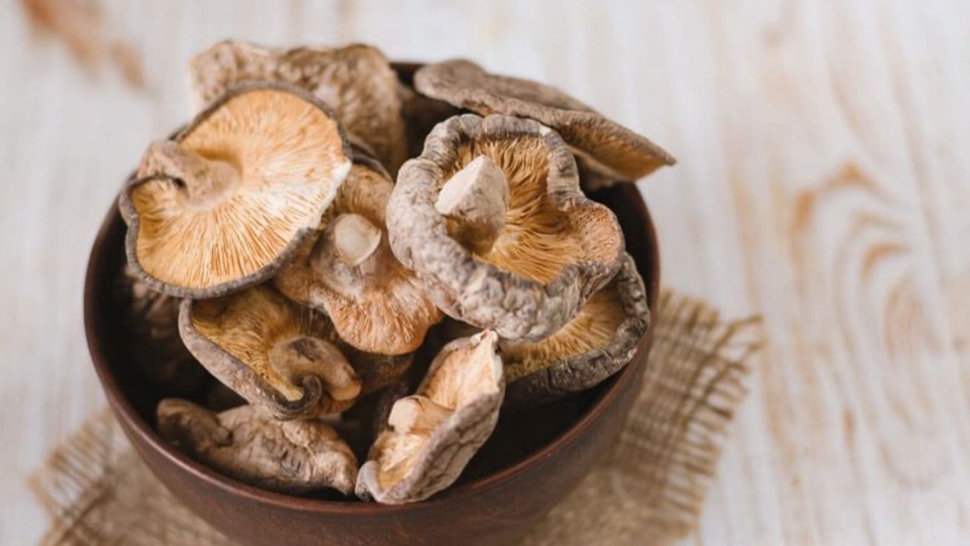 Bowl of dried shiitake mushrooms on rustic table