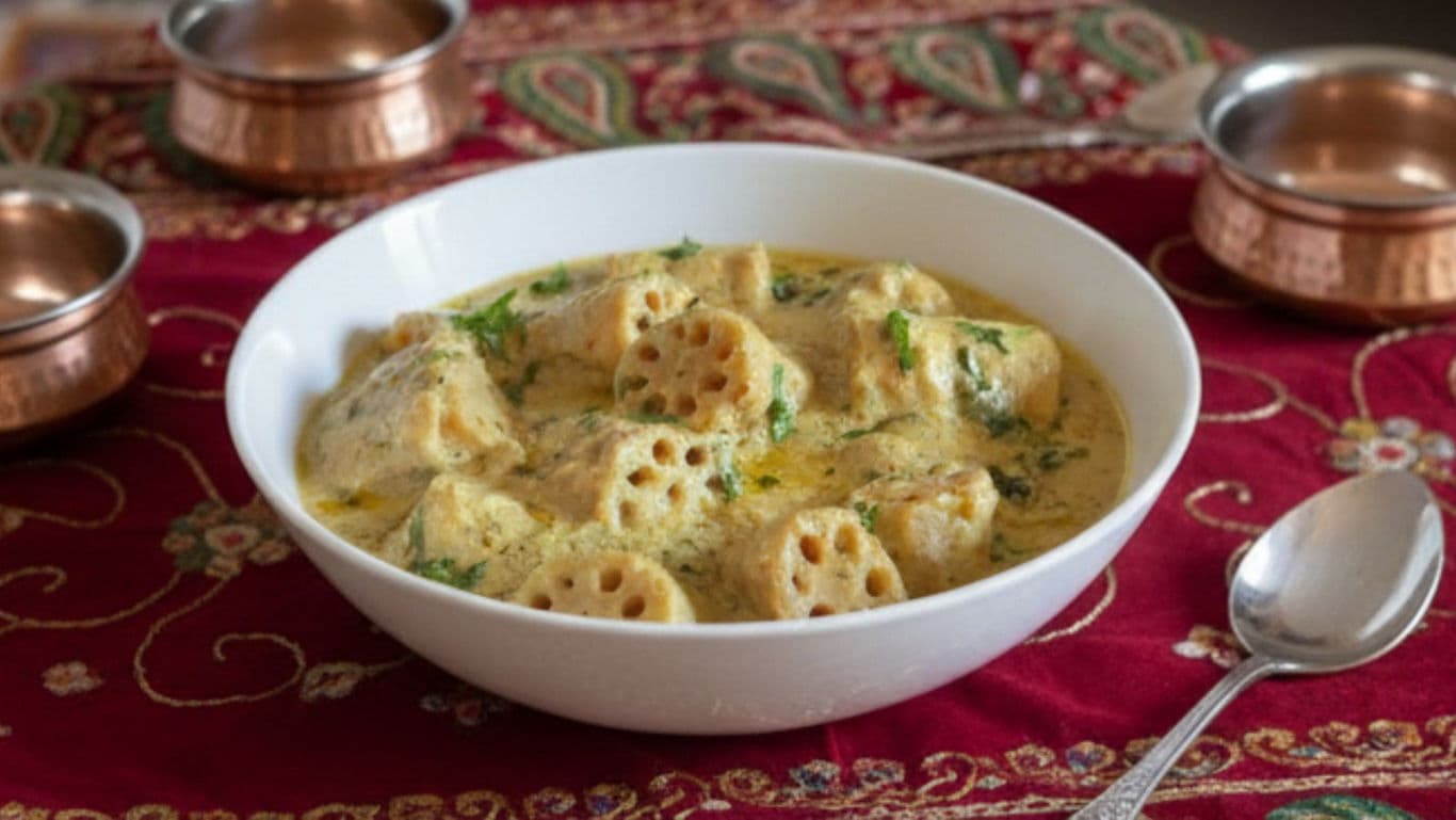 Lotus Stem Curry Served in White Bowl on Table