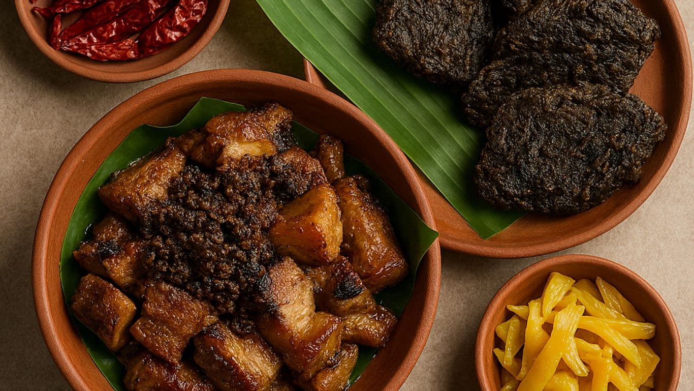 Traditional Nagaland dishes featuring Axone, Anishi cakes and smoked meats.