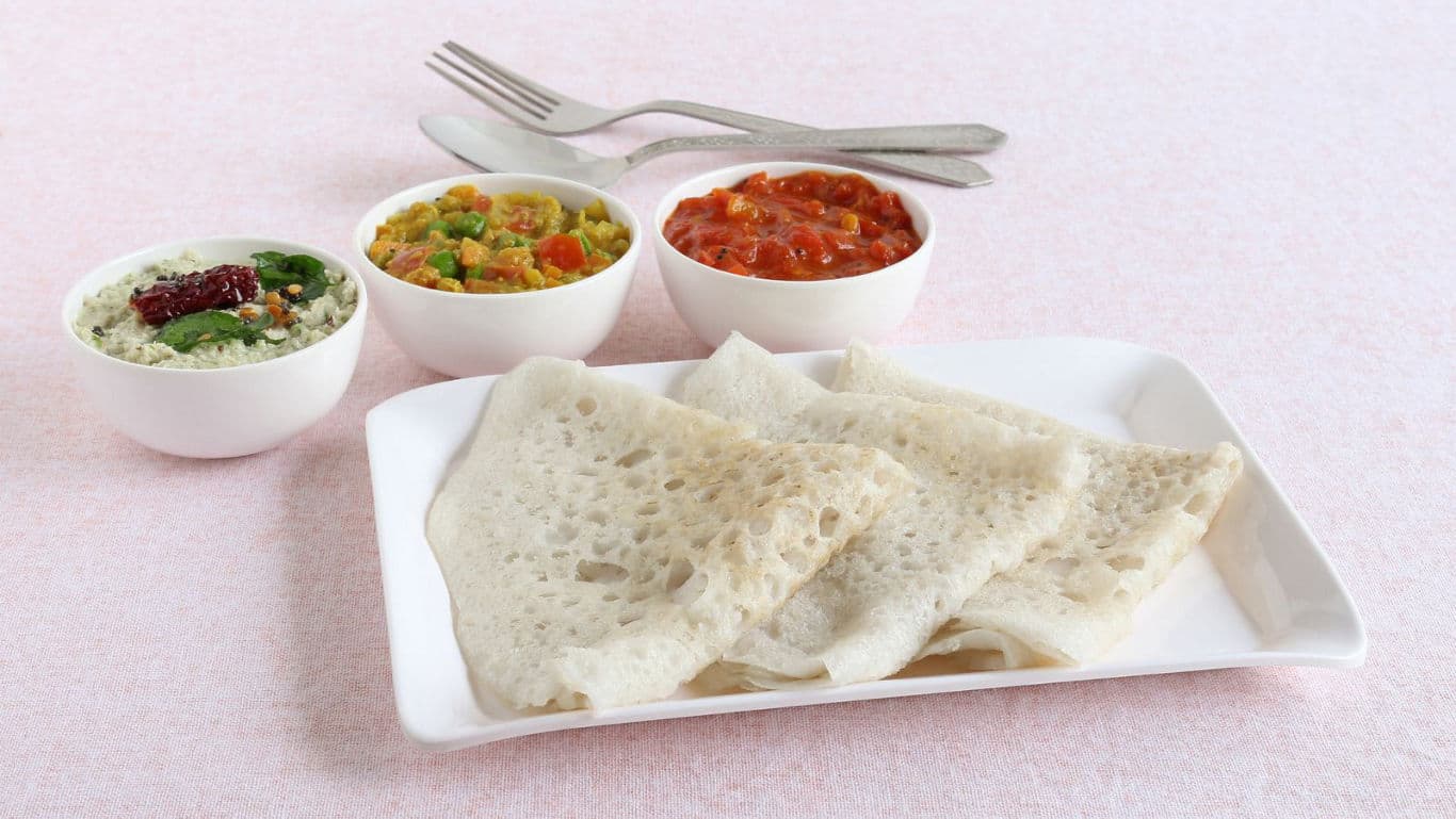 South Indian Neer Dosa with Chutneys and Sambar