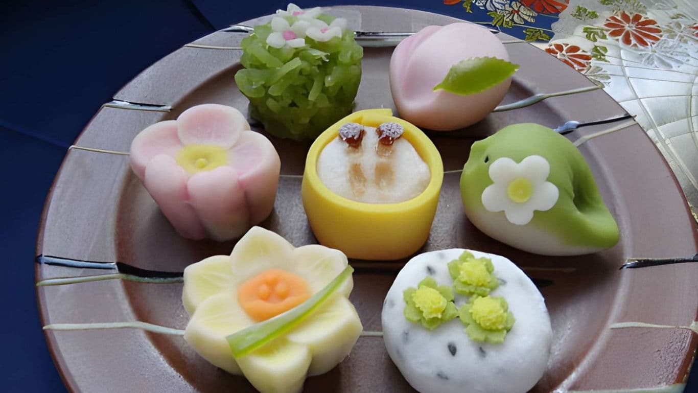 Assorted Japanese Wagashi Sweets on Ceramic Plate