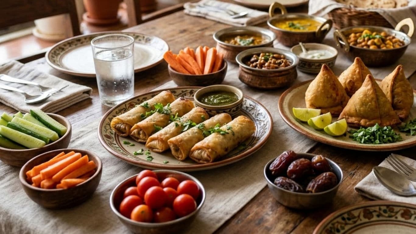  Ramadan iftar table featuring baked samosas and spring rolls