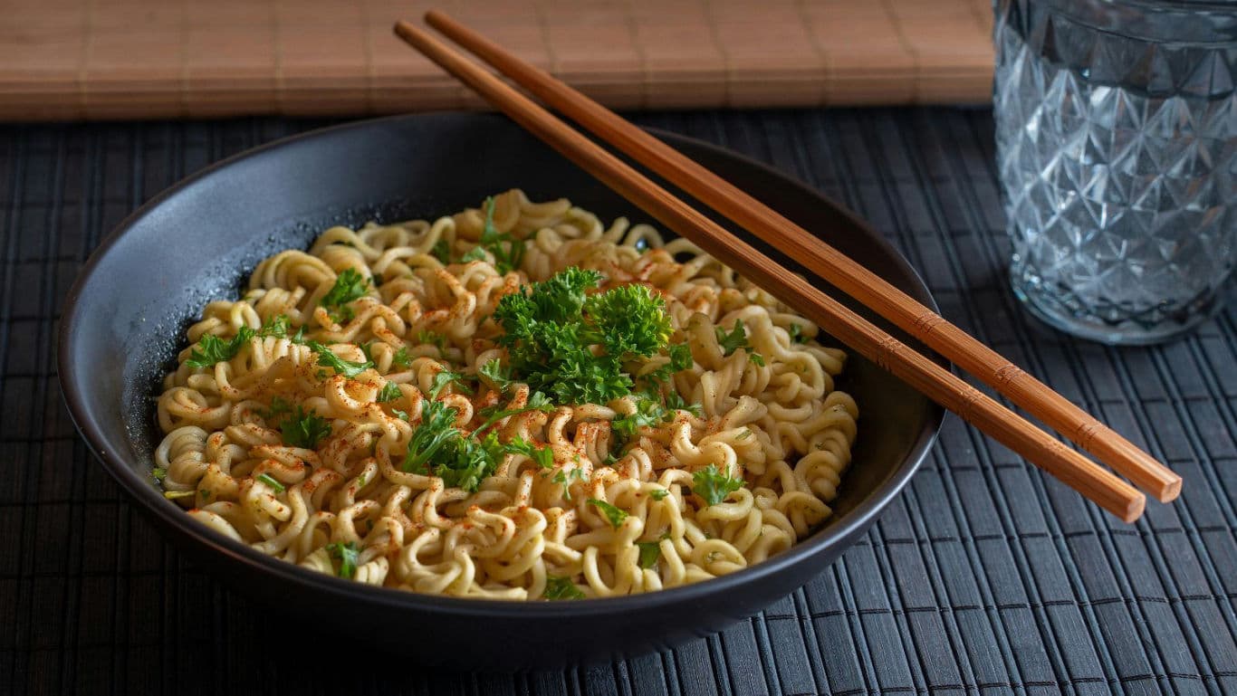 Bowl of Instant Noodles with Fresh Herbs