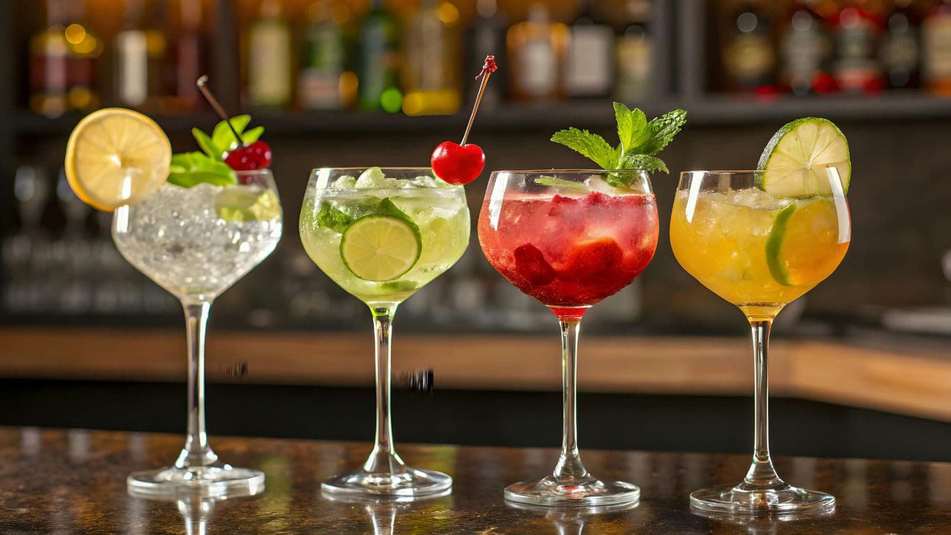 Colorful cocktails with fruit garnishes at bar counter
