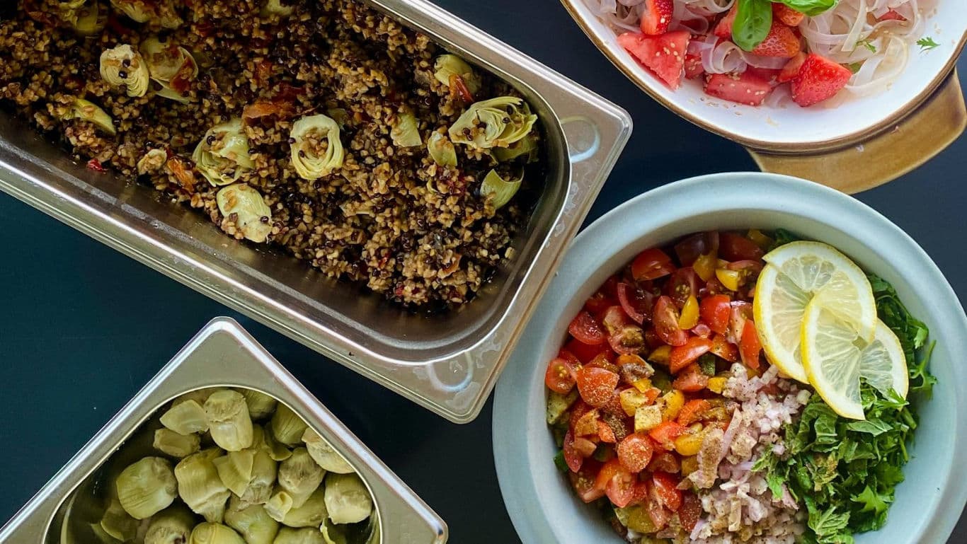 One bowl meal on a table. 