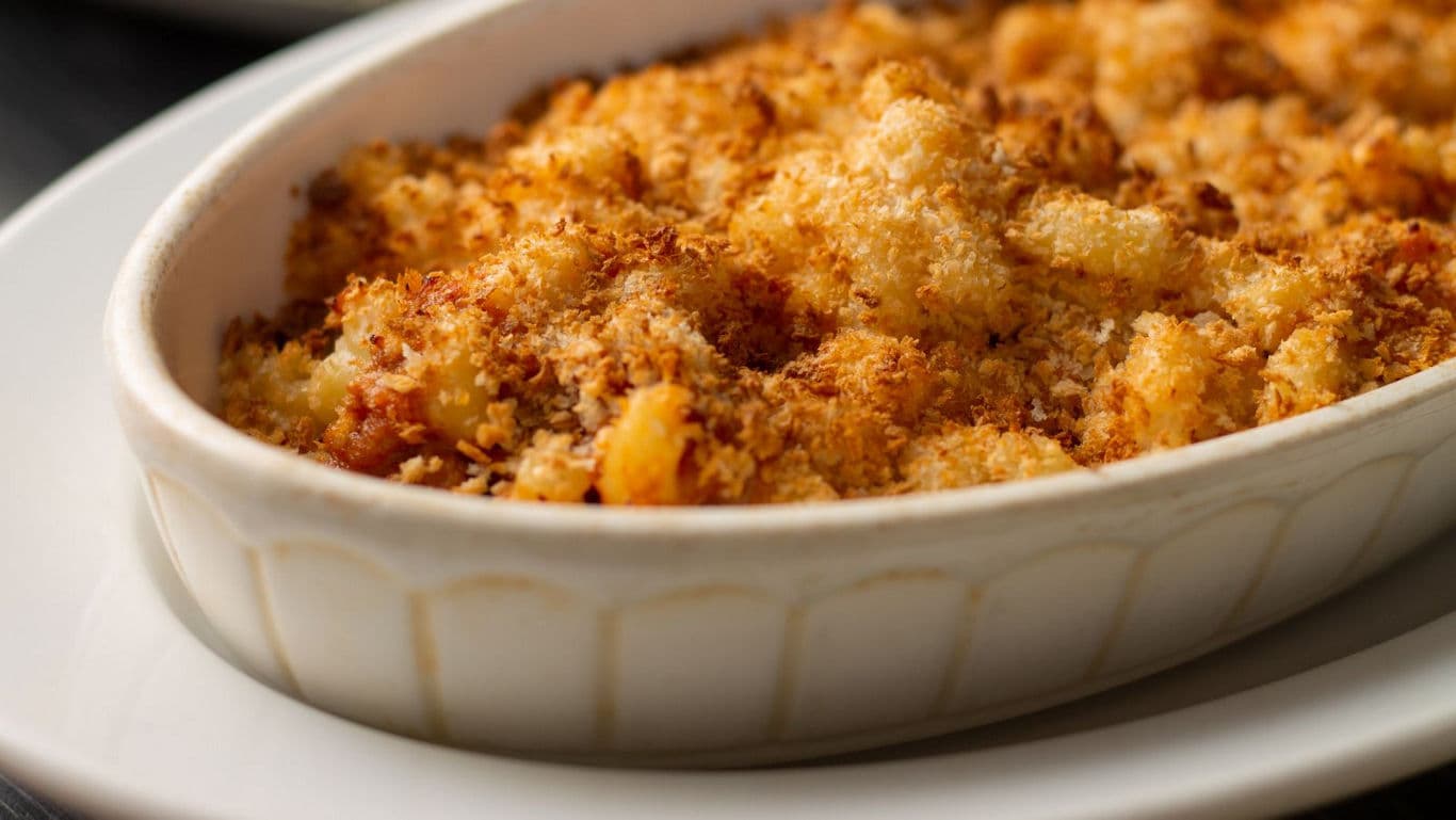 Golden baked macaroni and cheese dish