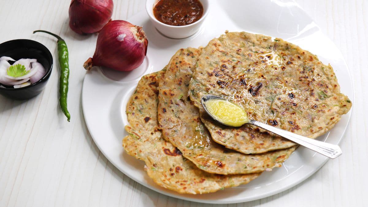 Khapli wheat onion paratha on a plate