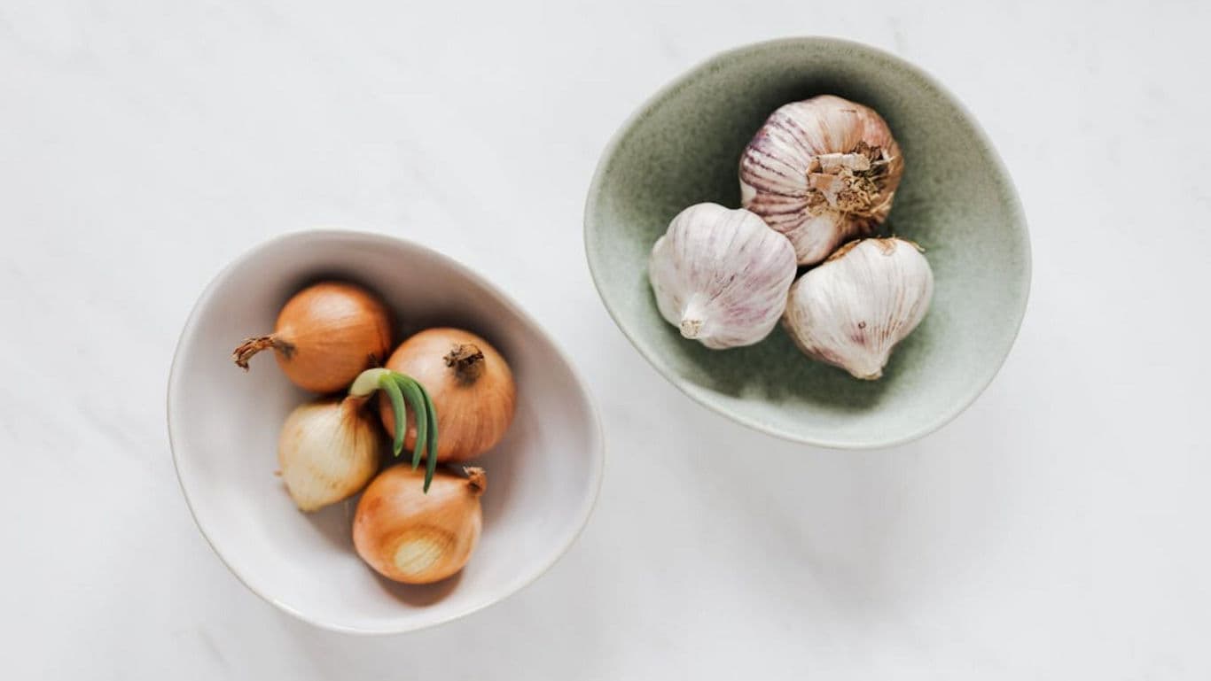 Fresh onions and garlic in ceramic bowls