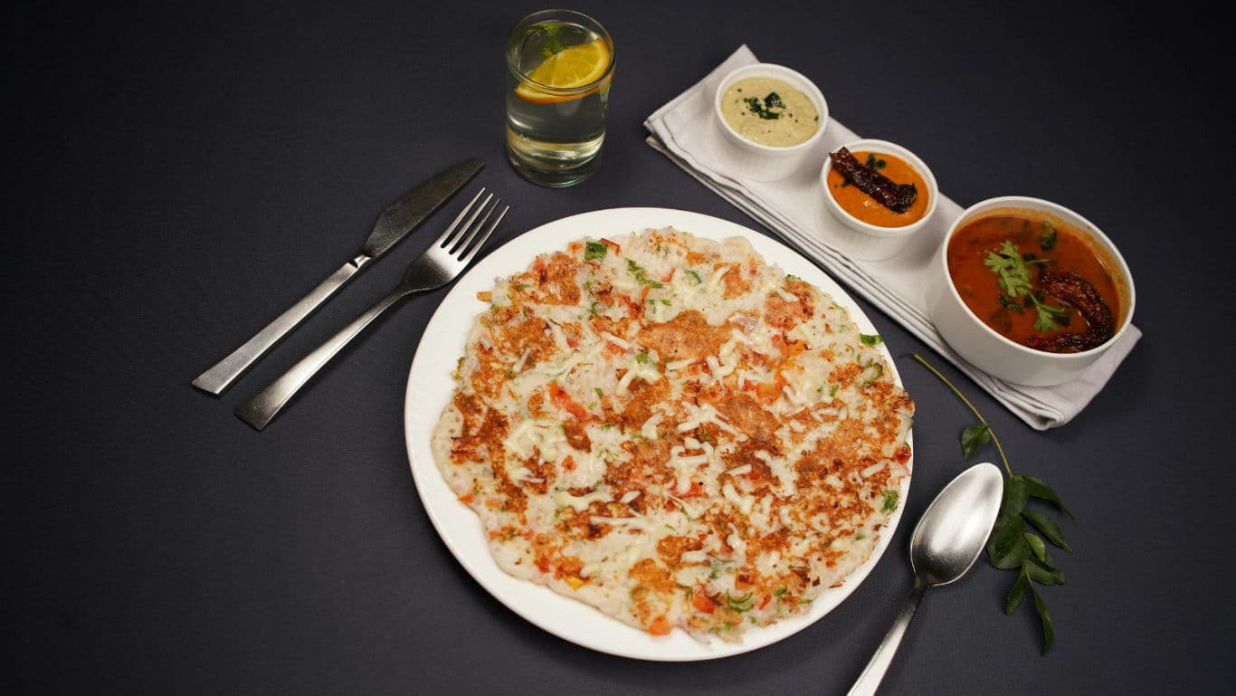 South Indian Rava Uttapam with Chutneys and Sambar