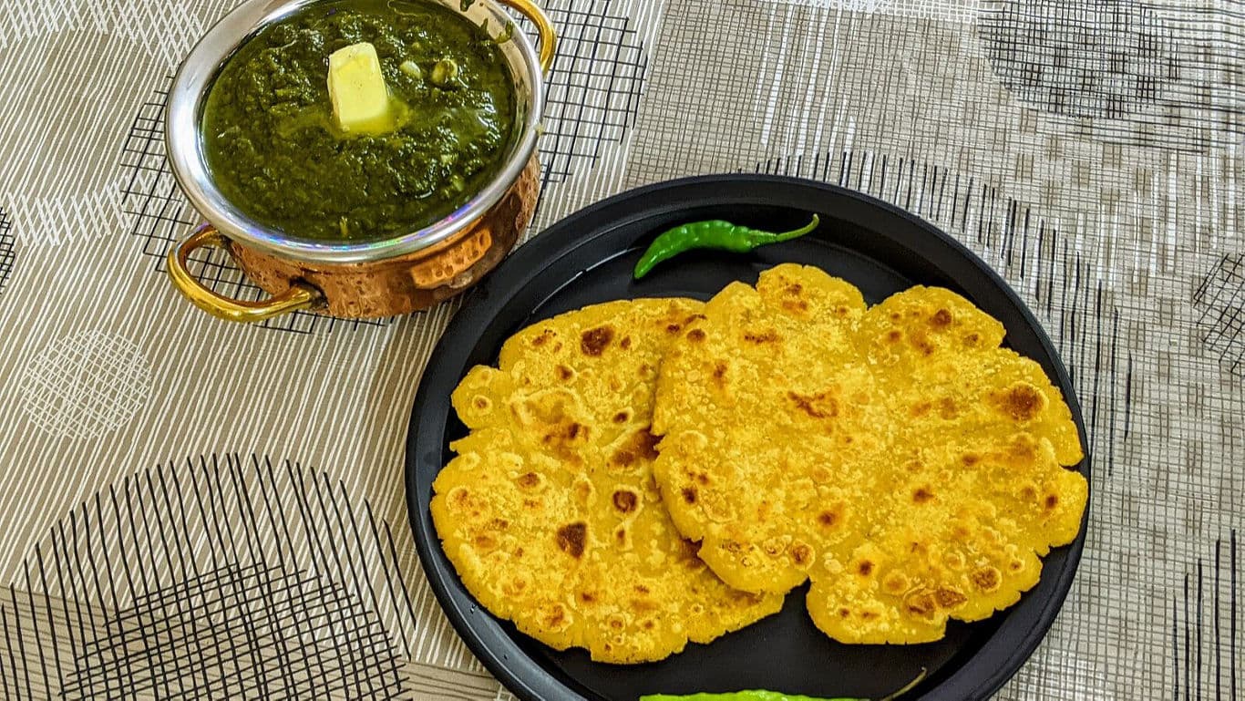 Traditional Indian meal with saag and bread