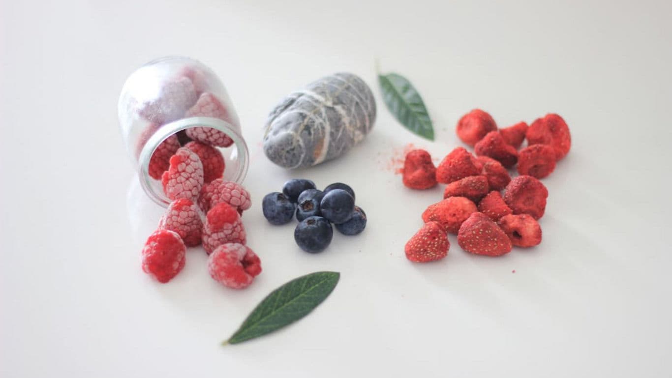 Assorted frozen berries and herbs on white surface