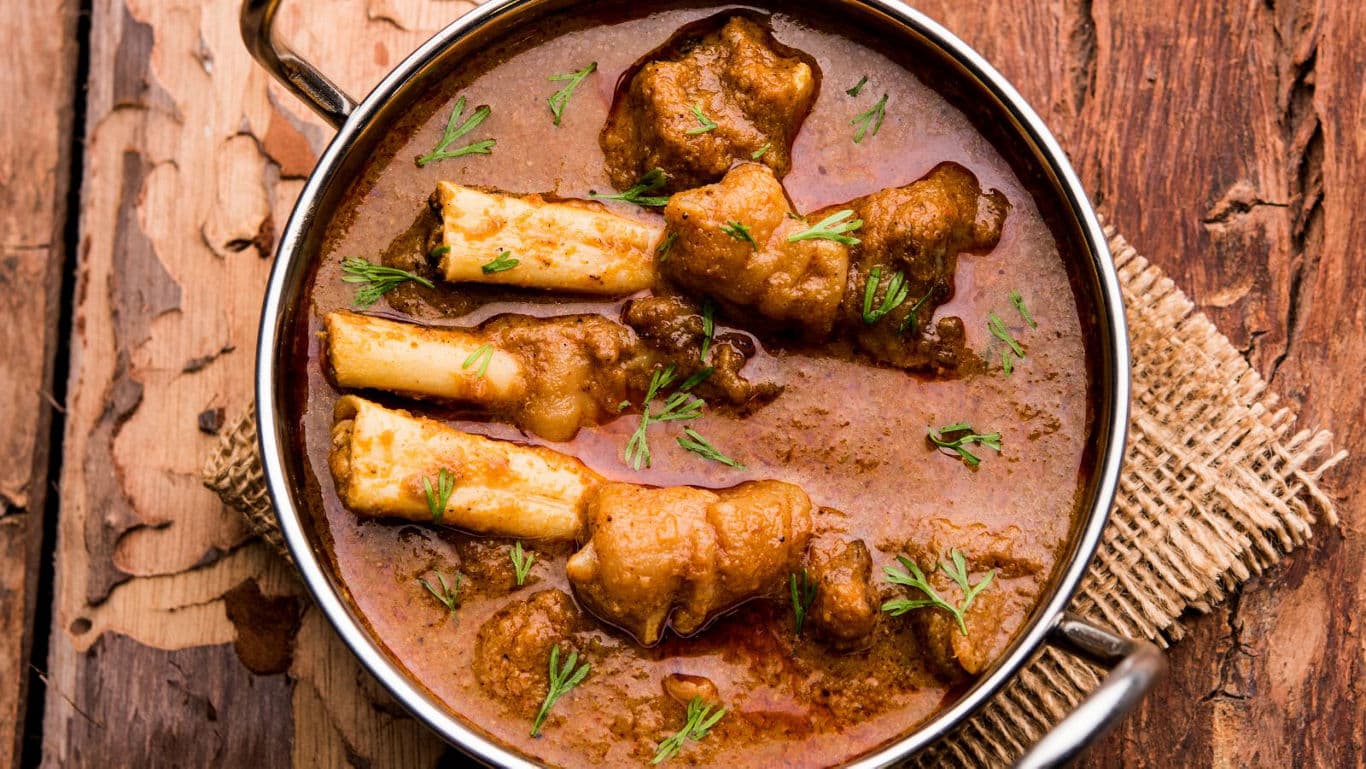 Spicy Indian Mutton Curry in Steel Bowl