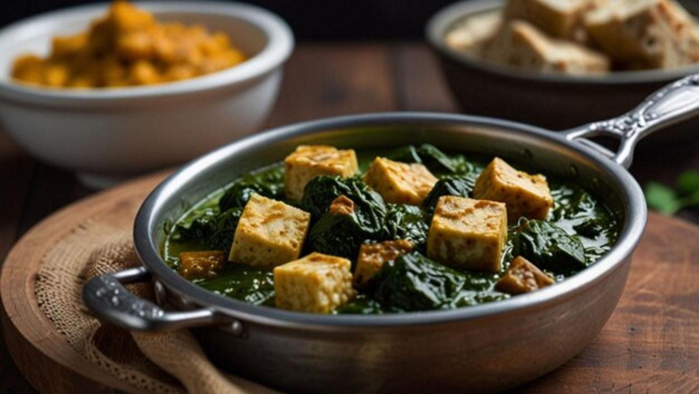Spinach and tofu curry in metal bowl