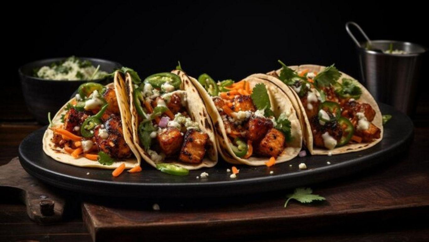 Four grilled chicken tacos with toppings