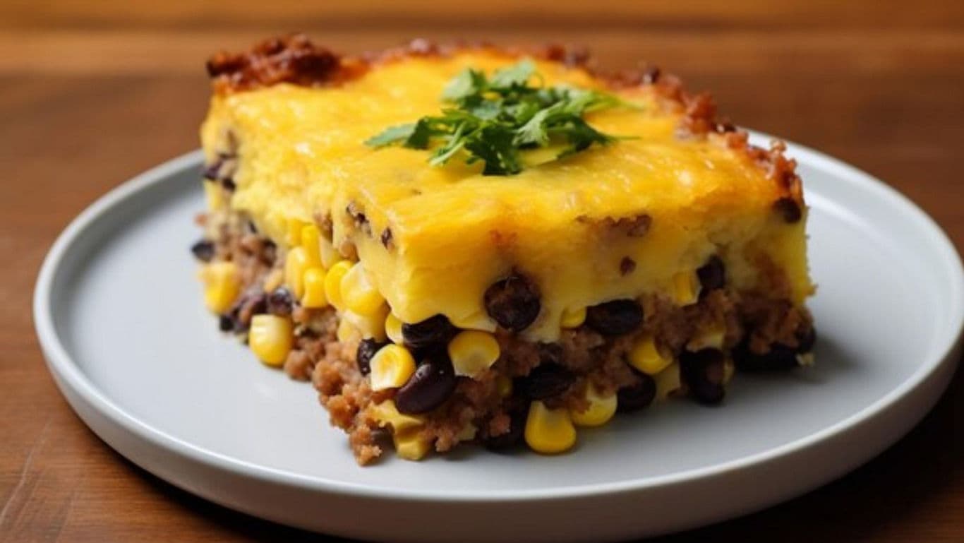 Layered Cornbread Casserole with Cheese and Beans