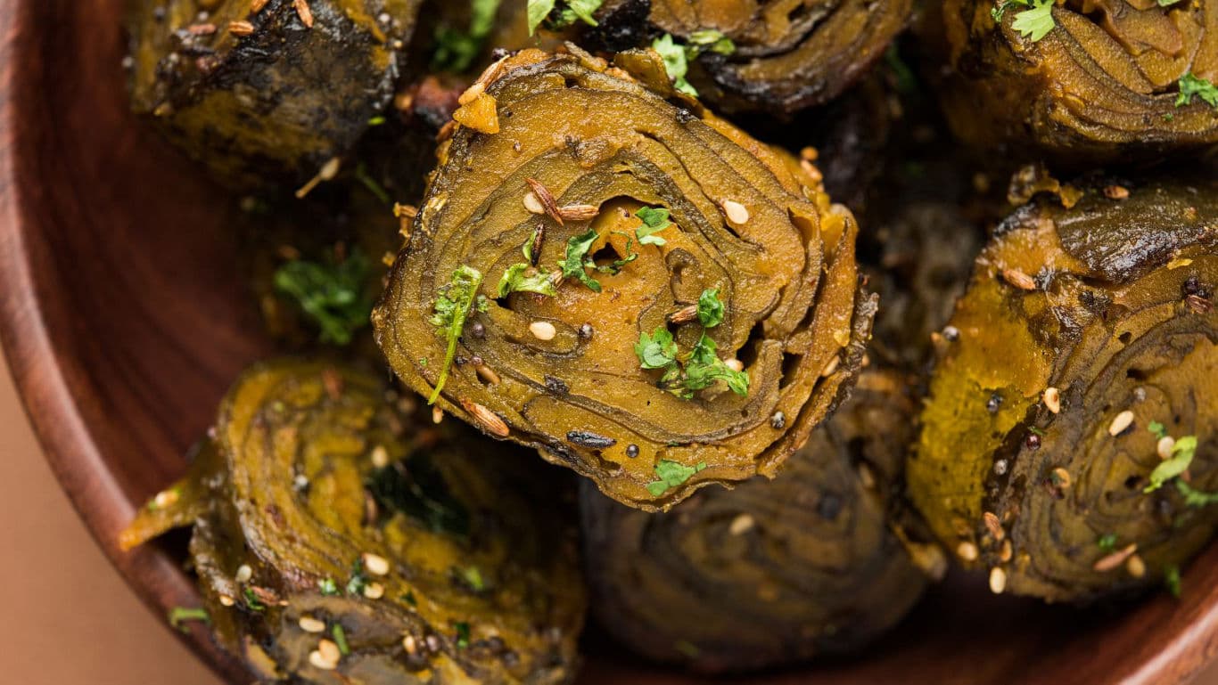 Close-up of Indian Patra Rolls with Garnish