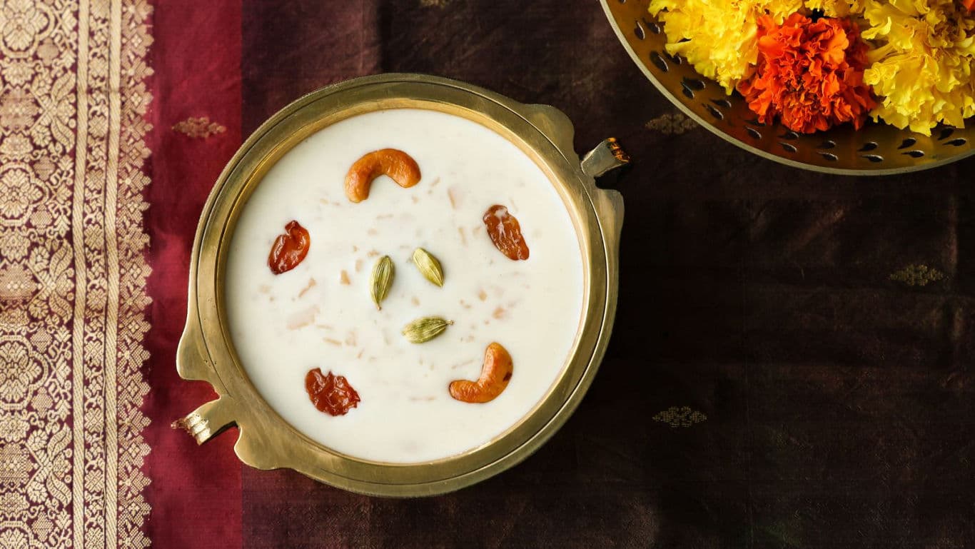 Traditional Indian Rice Kheer in Brass Bowl