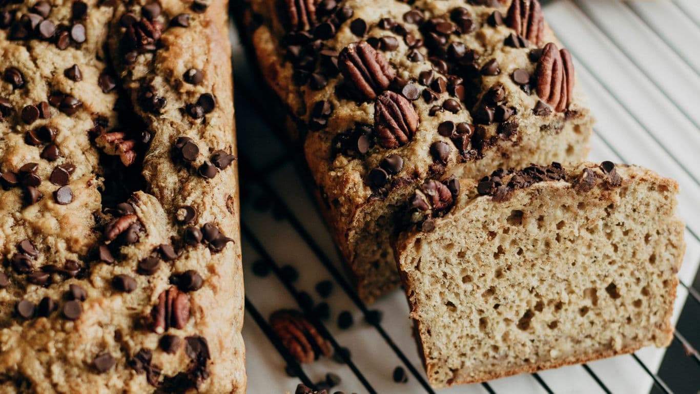 Banana bread loaf with chocolate chips and pecans