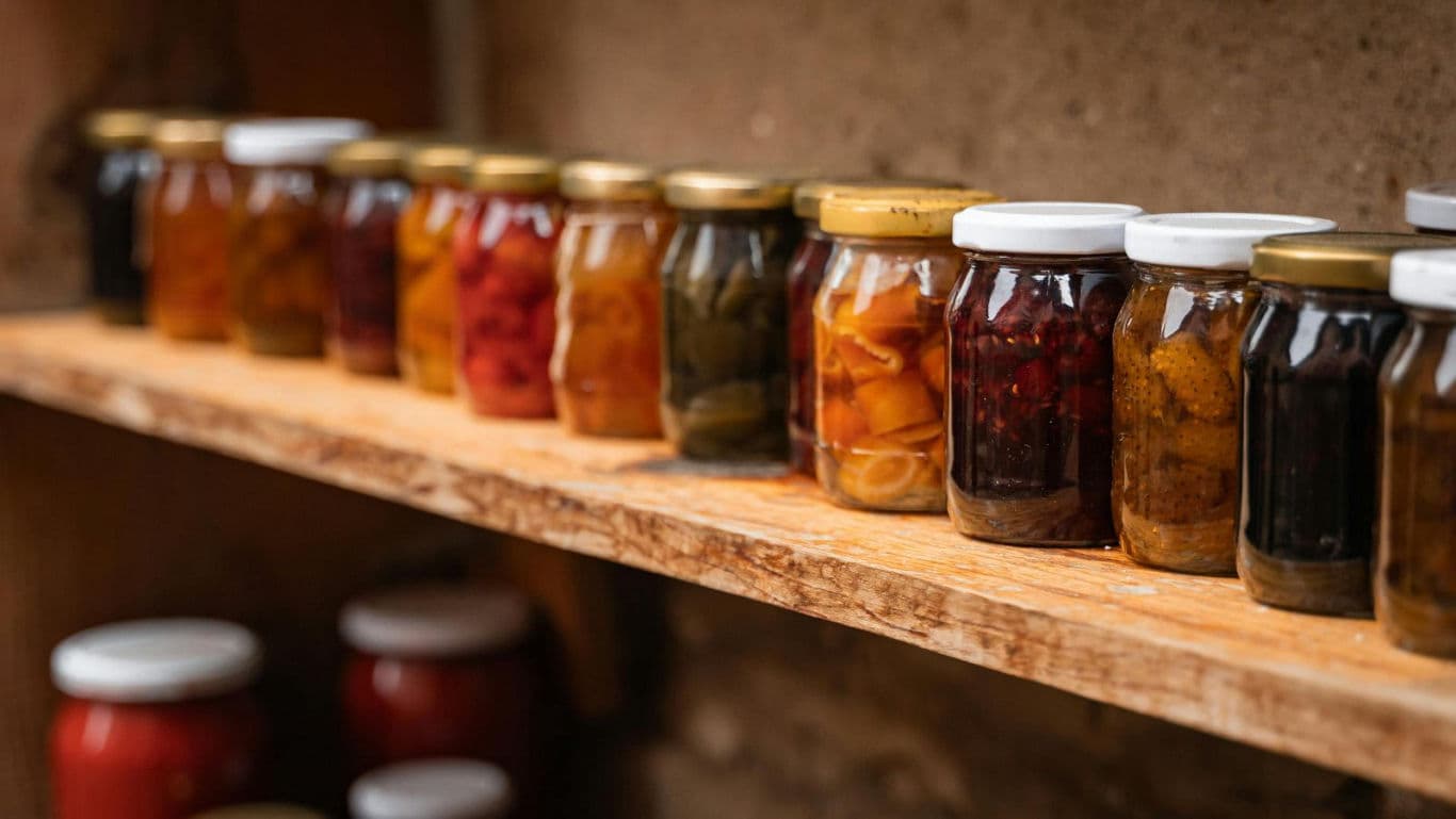 Assorted homemade preserves in glass jars on shelf