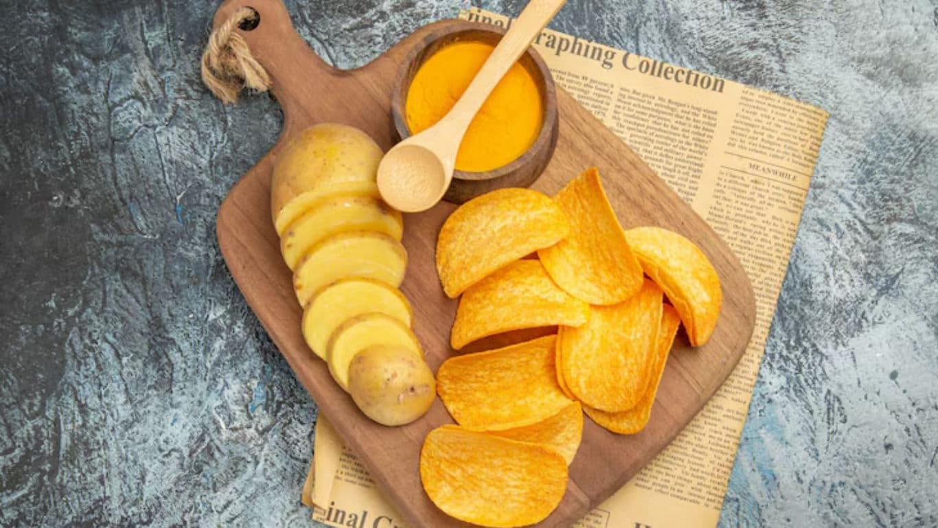 Sliced potatoes and chips on wooden board