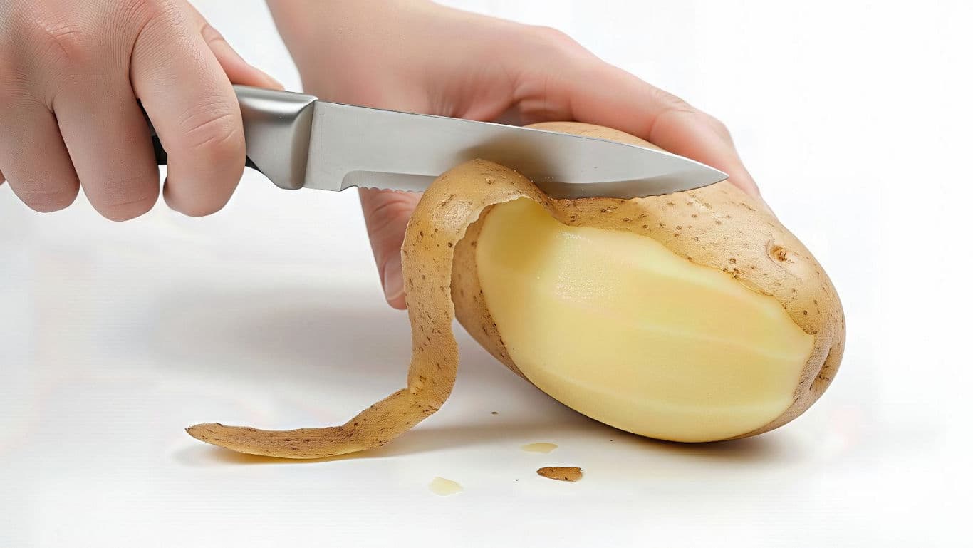 Hand Peeling Potato with Kitchen Knife Close-Up