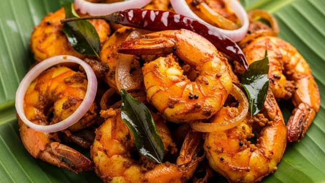 Spicy prawn roast with onions and curry leaves