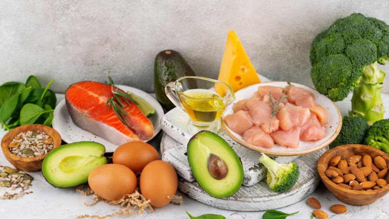 Assorted Healthy Foods with Salmon, Avocado, and Broccoli