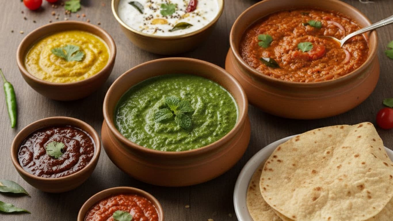 Colourful chutneys in small bowls with herbs and spices