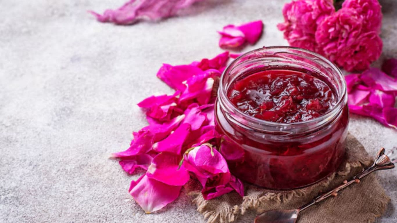 Glass jar of rose petal jam